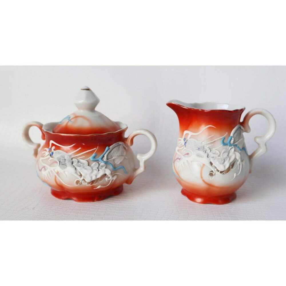 Vintage Moriage Dragon Ware Teapot Sugar Bowl Creamer 6 Demi Tasse Cups & Saucer - Picture 6 of 10
